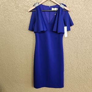 NWT Eliza J Sheath Dress Vneck Flutter Sleeve Cocktail Dress Blue